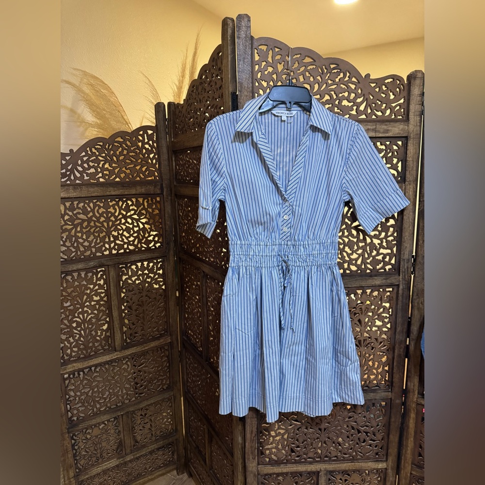 Veronica Beard Light Blue and White Striped Mini Shirt Dress - Size 0, Blue - Picture 2 of 4